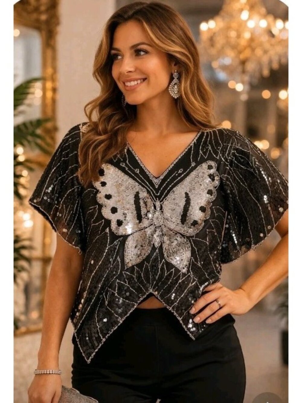 Vtg Womens Silk Sequined Butterfly Blouse Cropped Asymmetric Evening Event Large